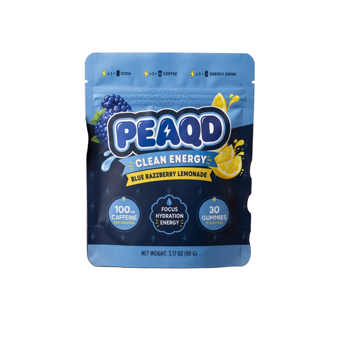 Close-up of blue PEAQD caffeine gummies, 50 mg caffeine per gummy